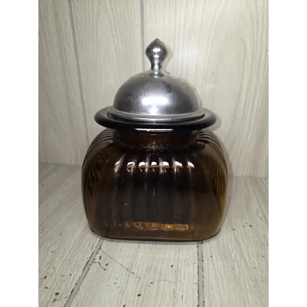 Vintage Artland Ribbed Glass Canister Jar 10” Amber Brown Pewter Lid Apothecary